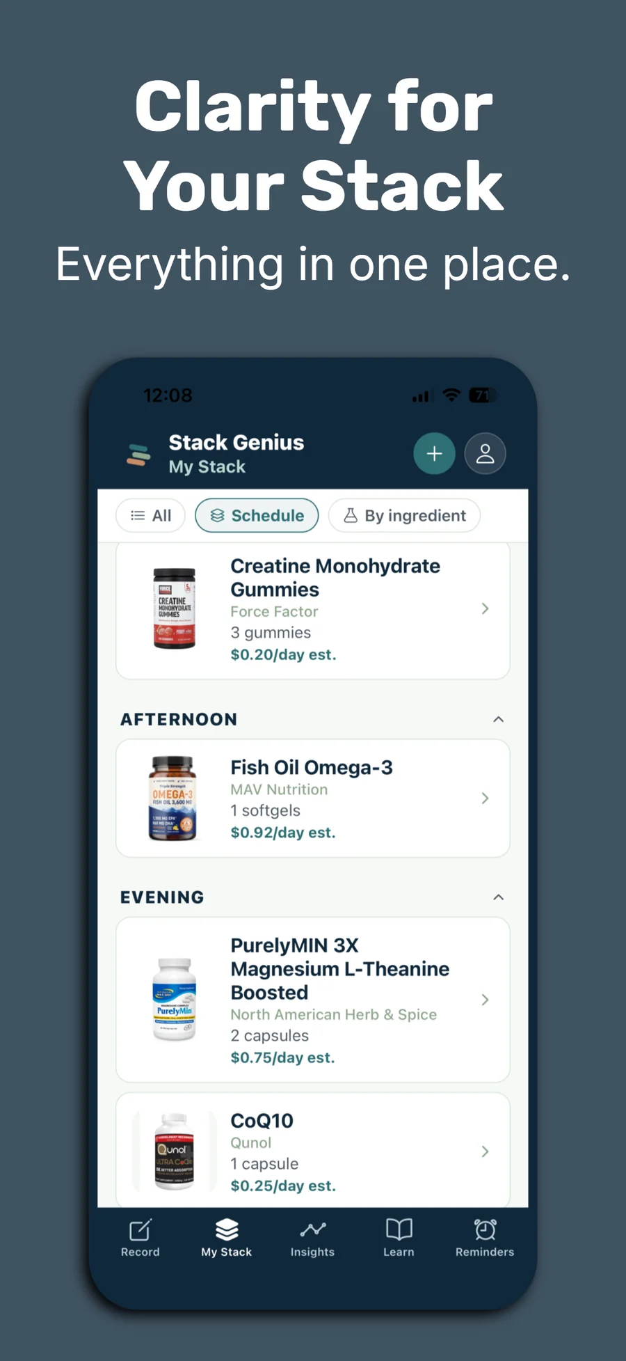 Stack Genius supplement tracker screenshot showing a supplement routine.