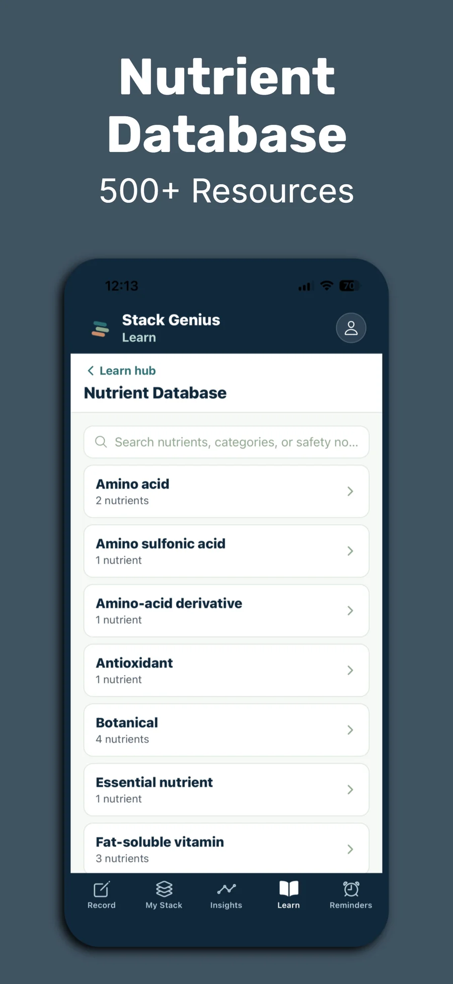 Stack Genius nutrient database screenshot with ingredient categories and search.