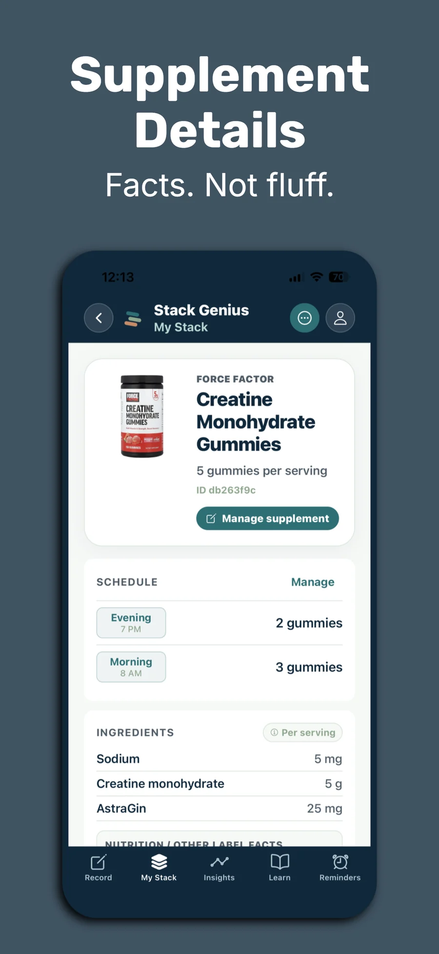 Stack Genius supplement details screen.